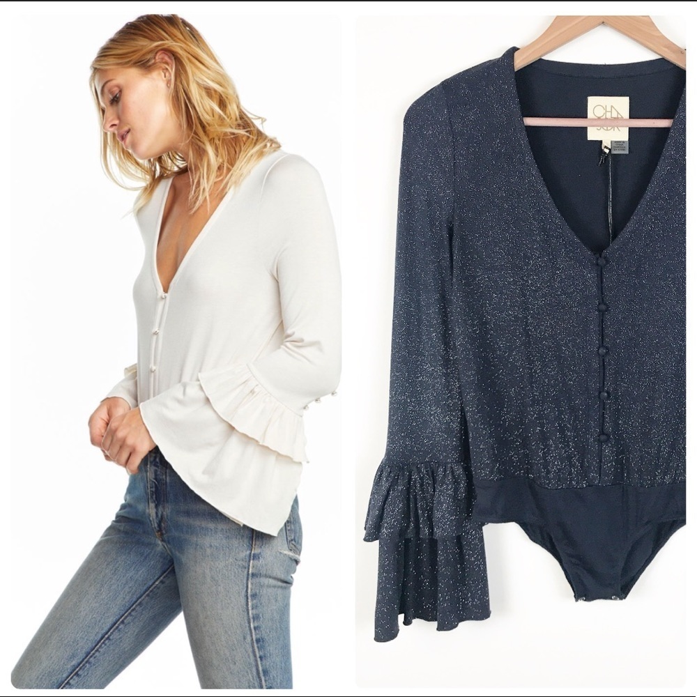 NWT Chaser Tiered Sleeve Button‎ Down Glitter Bodysuit Size XS